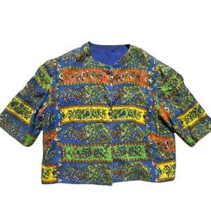 Vintage Multicolor Floral Cropped Blouse XS Bright Retro Short Sleeve